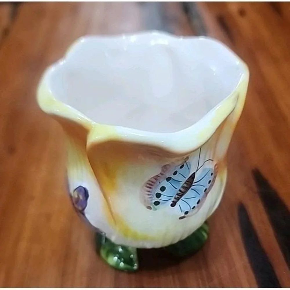 Vintage Butterfly Handpainted Small Bud Vase Planter Footed Colorful 3 1/2 X 3